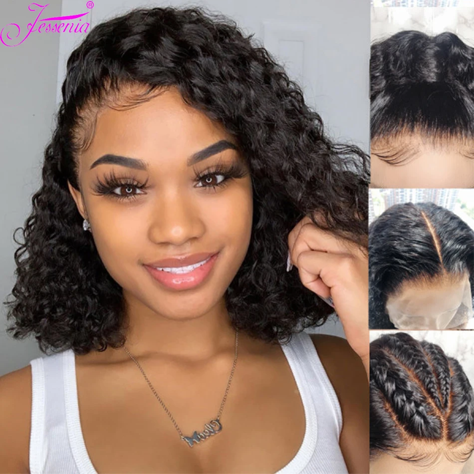 100% человеческие волосы с глубокой волной Боб парики на шнуровке 4x4 женские