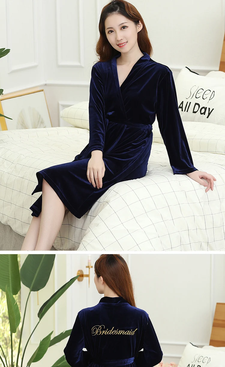 Women's nightgowns Winter High-grade Comfortable V-neck Thickened velvet elastic waistband Pure color woman bathrobe Embroidery