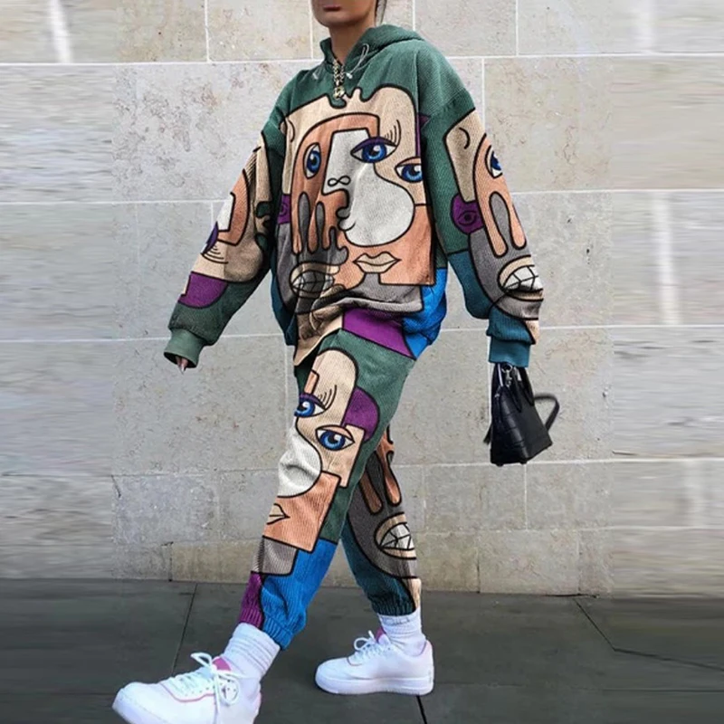 

Plus Size Two Piece Set Women Abstract Cartoon Print Outfits Casual Sweatshirts and Long Pants Autumn Winter Outwear Jumper Sets