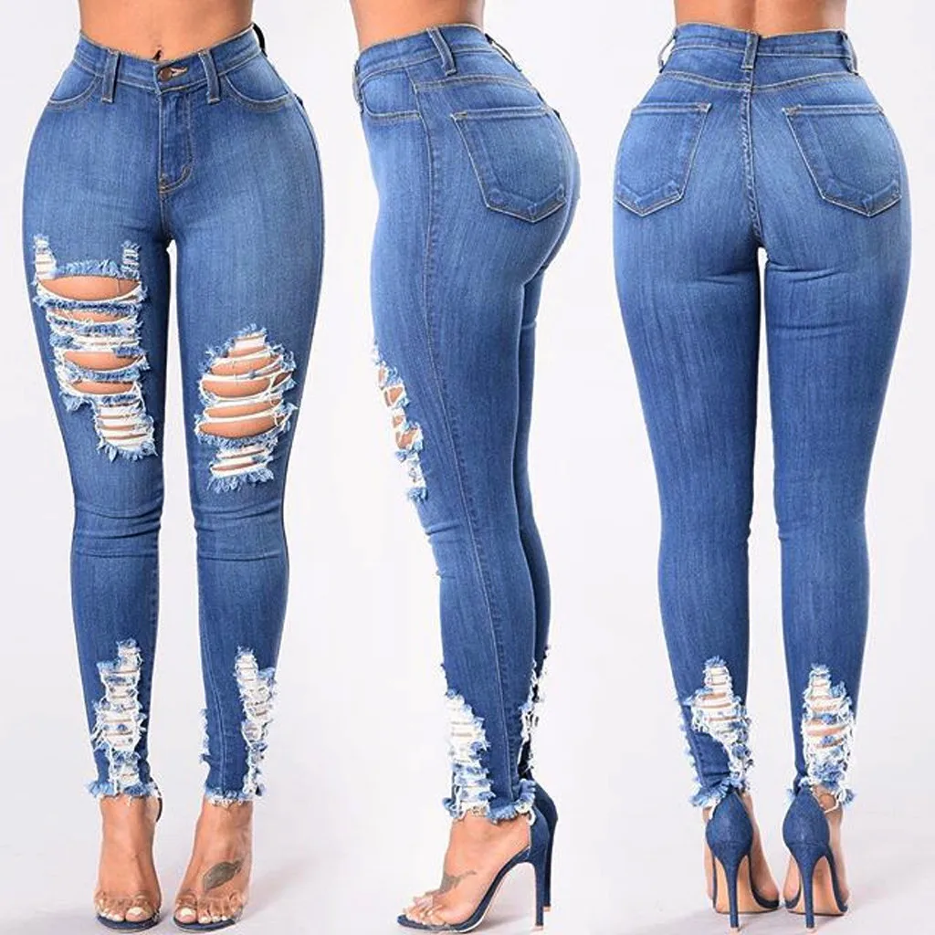 

S-2XL High Waist Fashion Women Jeans Denim Hole Female Stretch Slim Sexy Plus Size Pencil Pants Christmas Gift Wholesale Mujer
