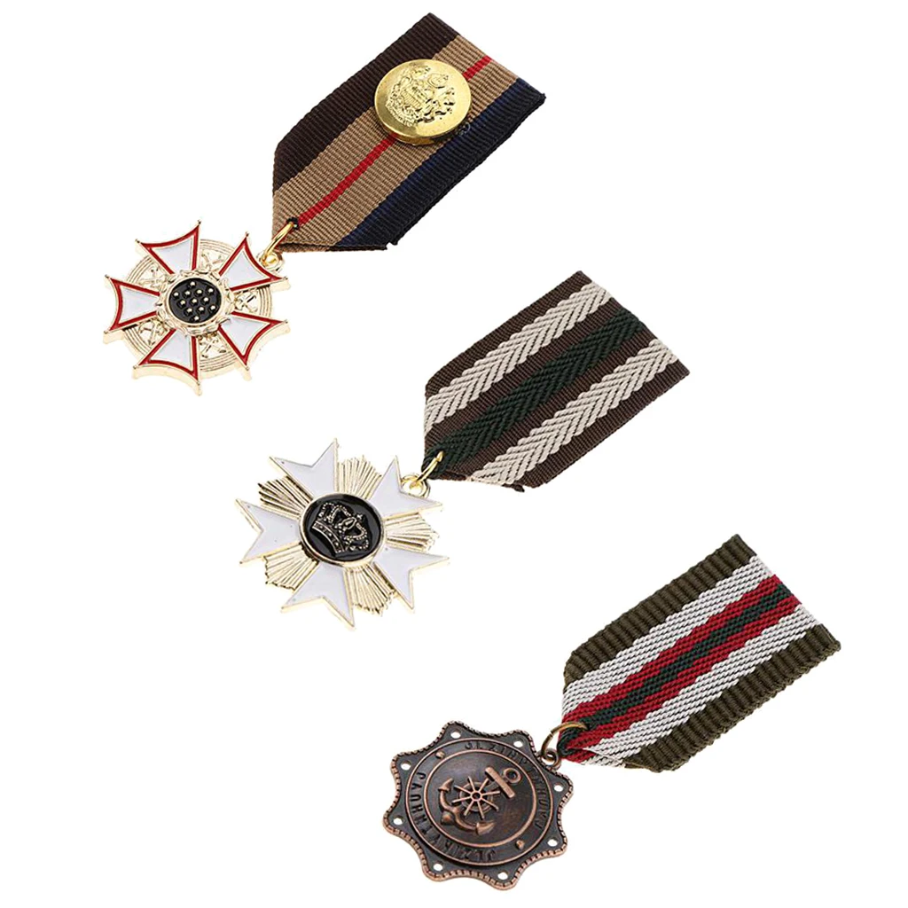 3 PCS Award Medal with Ribbon Uniform Pin Brooch Badge Navy Style Epaulet Badge for Men Boys Kids Cosplay