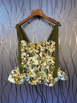 

2020 Spring and Summer New Women's Printed Pattern Lotus Leaf Swing Selvage off-Shoulder Strap All-match 610