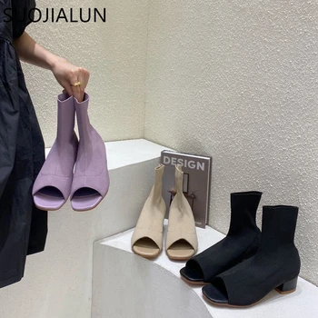 

SUOJIALUN Women Autumn Martin Boots Fashion Peep Toe Sandal Boot Slip On Stretch Fabic Outdoor Ankle Boots for Women Boots Shoes