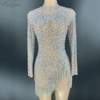 

Ailigou Silver Rhinestone Tassel Pearl Transparent Dress Long-Sleeved Female Dance Performance Dress Wine Sexy Party Dress