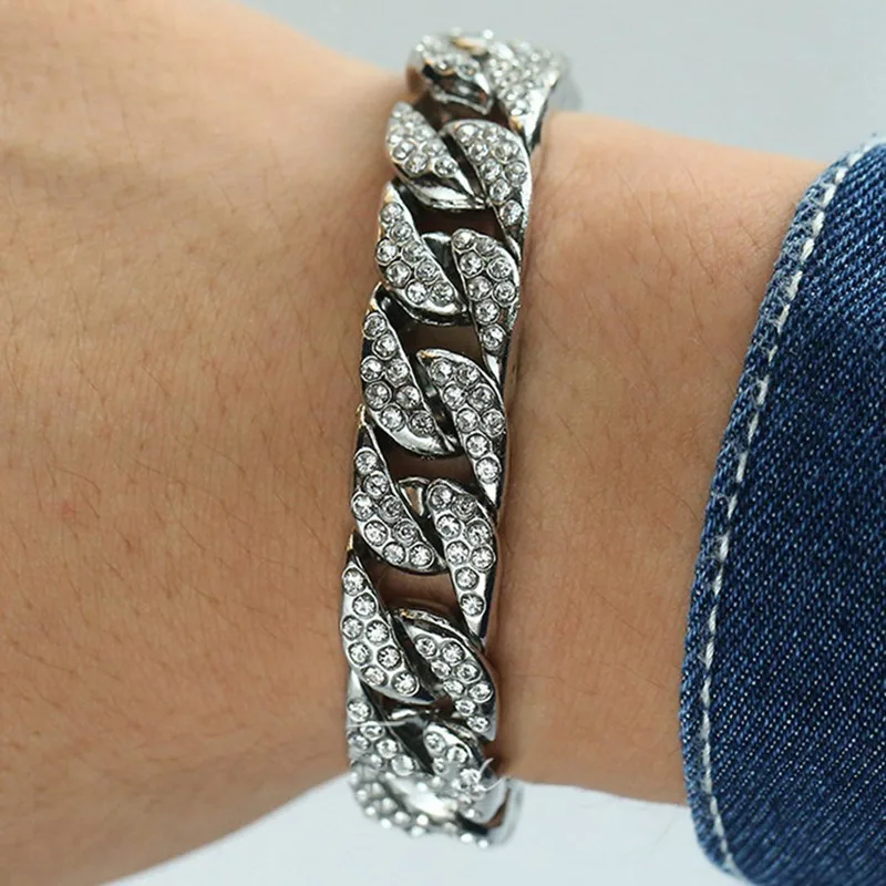 14mm Cuban Bracelet For Men Gold Silver Color Hip Hop Rhinestones CZ Rapper Bracelet Jewelry
