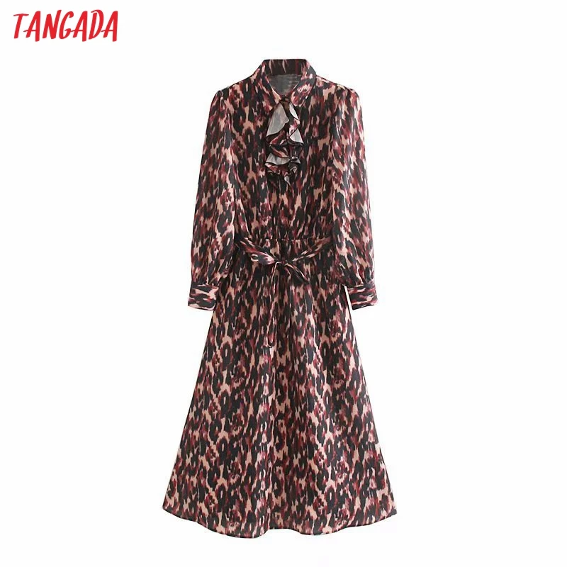 Tangada женское элегантное платье с леопардовым принтом, длинный рукав,, корейская мода, с рюшами, для офиса, для девушек, миди платья, vestidos 5Z49