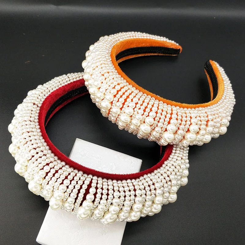 5 Colors Baroque Beaded Headband Head Chain Soft Sponge Hairbands Pearl Crown Head Accessories Fashionable, Western Style