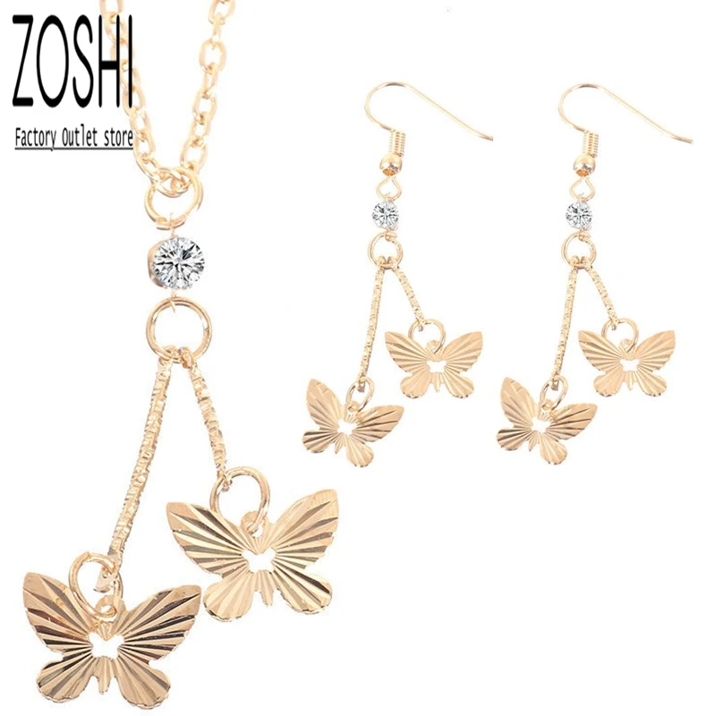 CZ Crystal Butterfly Jewelry Set For Women Romantic Animal Necklace Gold Plated Metal Carved Hollow Earrings | Украшения и