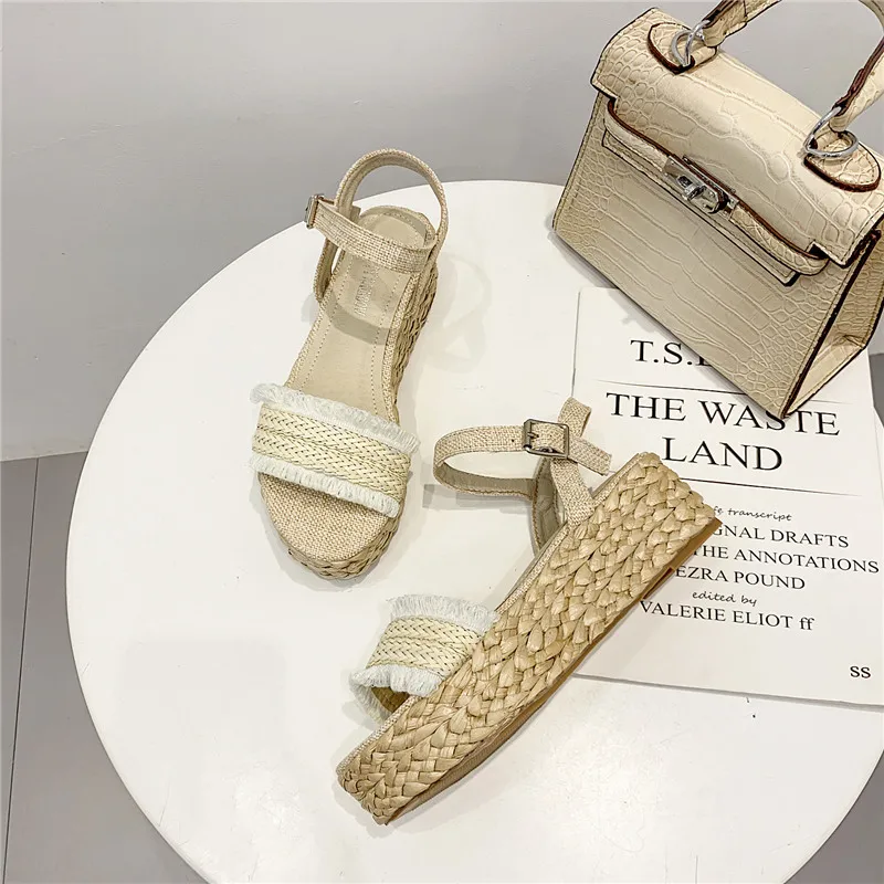 2019 Для женщин летние сандалии на танкетке трость Плетенный из веревки веревка