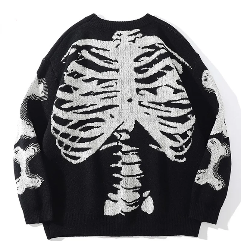 Men Oversized Sweater Black Loose Skeleton Bone Print Women Vintage Retro Knitted 2021 Autumn Cotton Pullover Unisex | Мужская одежда