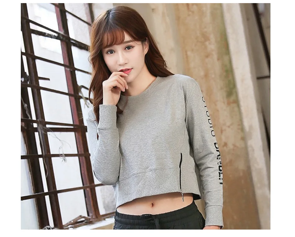 Fall/winter new Korean T-shirt fashion loose with zipper exposed navel long sleeve vests lady fitness clothing women