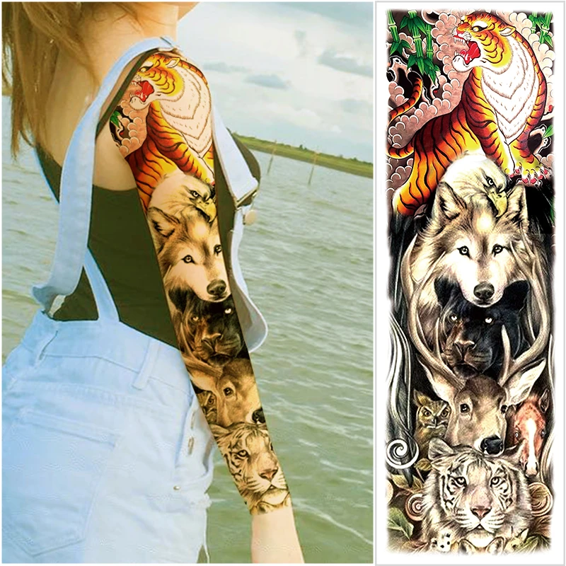 Large Arm Sleeve Tattoo Japanese Wave Waterproof Temporary Tattoo Sticker Wolf Men Tiger Fox Tatoo Body Art Women Chinese Tattoo Temporary Tattoos Aliexpress