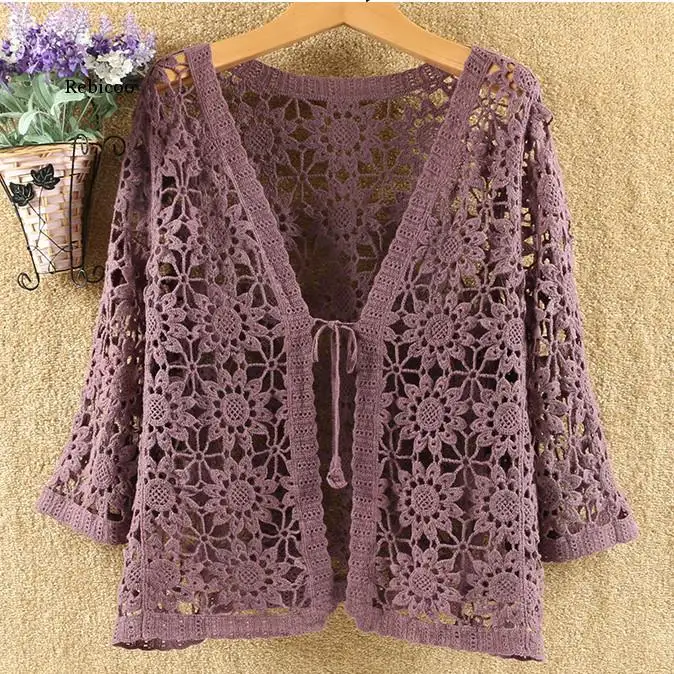 

Women Sexy Hollow Lace Sunscreen Cardigan Sweater Wide Loose Air Conditioning Knitted Sweater Thin Section Female Spring Autumn