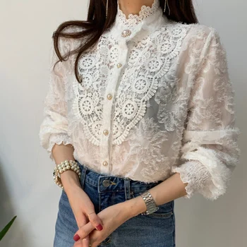 

Apricot Lace Crochet Blouse Women Stand Collar Long Sleeve Spring Shirt Korean Patchwork Pearl Buttons Tassel Tops 2020 W311