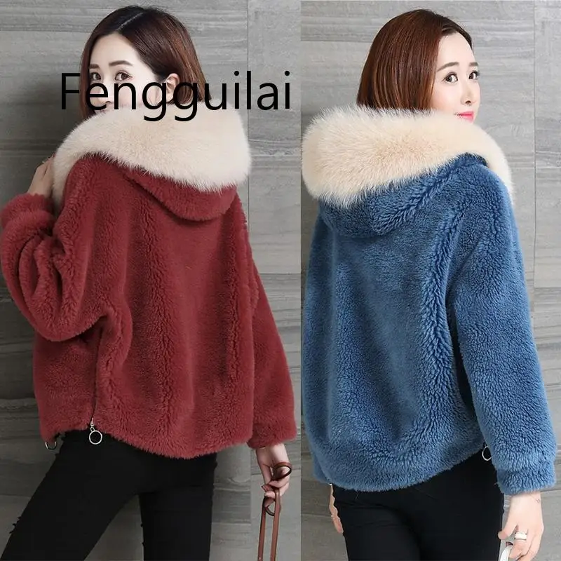 

High Quality Imitation Fur Coats Female Short Autumn Winter New Hooded Thick Granules Sheared Lamb Plush Coat Women's Korean