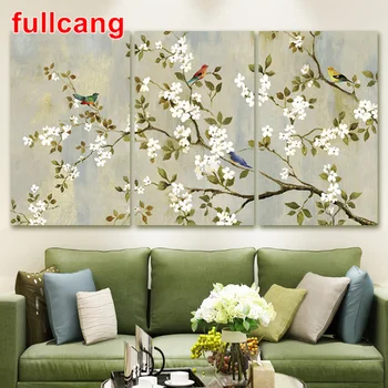 

White flowers and birds diy diamond painting large mazayka embroidery sale Triptych full square round drill decoration JX1134