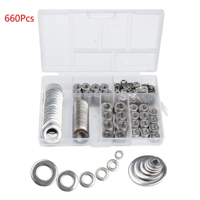 

660Pcs/Box M3-M10 Stainless Steel Flat Washer Plain Gasket Spacers Fastener Kit
