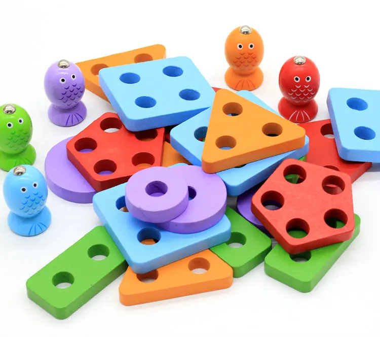 2 в 1 Магнитная игра для рыбалки/Геометрические строительные блоки, Детские деревянные игрушки, детская игра для рыбалки, пять комплектов колонн, игрушки для детей