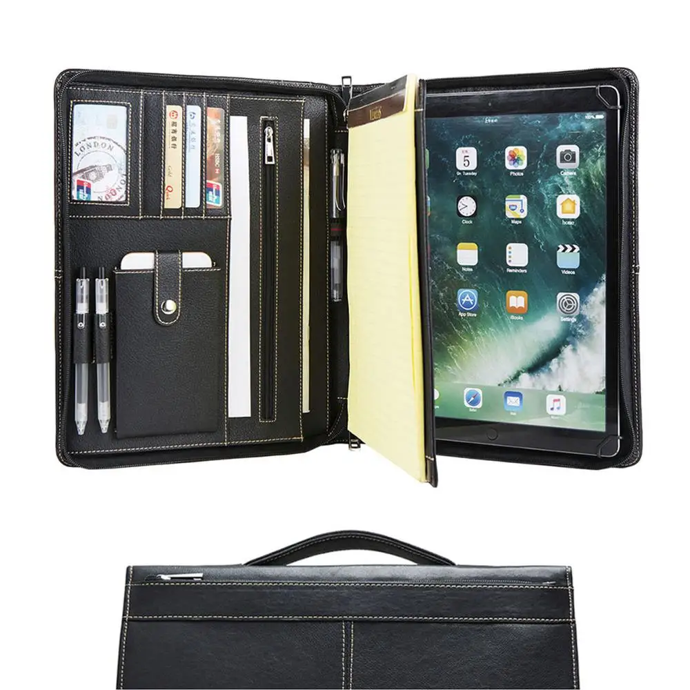 Custom-name Handmade Genuine Leather Portfolio A4 Folder, Business Padfolio Organizer Case Conference Folder with Retractable Handle, Black - Цвет: Custom-name