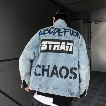 

Hip Hop Denim Jacket Big Letter Graffiti Cartoon Printed Fashion Jeans Casual Korean Japan Streetwear Casual Vintage Jacket Men