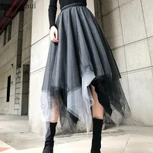 Многослойная корейская мода, женская черная длинная Асимметричная юбка с высокой талией, новая осенняя винтажная юбка в стиле панк