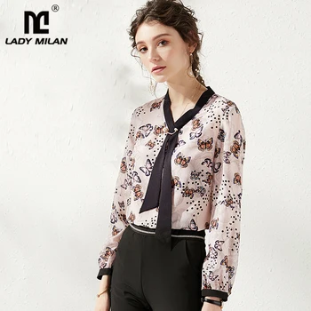 

100% Natural Silk Women's Runway Shirts Bow Collar Butterflies Printed Long Sleeves Fashion Casual Blouse Shirt