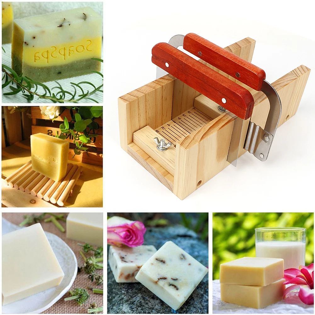 Description Picture 4 of item9pcs Soap Mold Silicone Handmade Soaps Making Tool Set Rectangular Adjustable Wooden Loaf Cutter Box 2 Stainless Steel Cutters