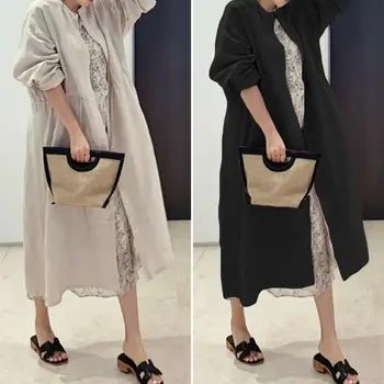 

ZANZEA Women Tops and Blouses Solid O Neck Cardigan Drastring Waist Blouse Cotton Tunic Tops Shirts Blusas Chemise Plus Size 5XL