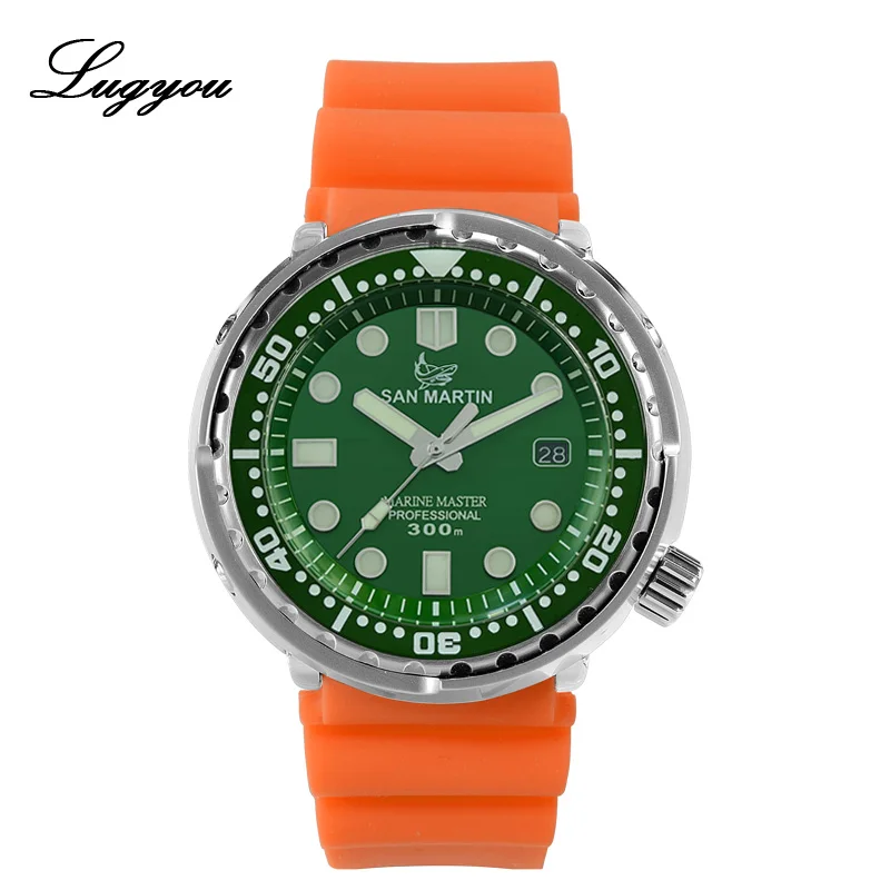 Ceramic Green Orange LUGYOU Сан Мартин тунец автоматические мужские часы для дайвинга нержавеющая сталь 30 бар водонепроницаемый резиновый ремешок супер светящийся сапфир Дата - Цвет: Ceramic Green Orange