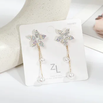 

Punk Girl Earrings Korean Temperament Super Fairy Crystal Flower Wild Five-leaf Flower Pearl Tassel Earrings Women Aritos Flores