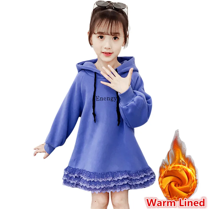 

Kids Girls Autumn Winter Warm Hooded Sweatshirt Dress Hoodie with Lace Flower Princess Bottom Lace Sweatshirt Dress For Teens