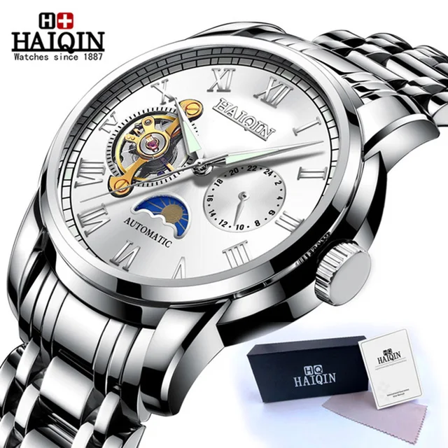 HAIQIN Automatic Mechanical Watch Men Stainless Steel Watches Mens Brand Luxury Business Waterproof Wristwatch relogio masculino Silver White S