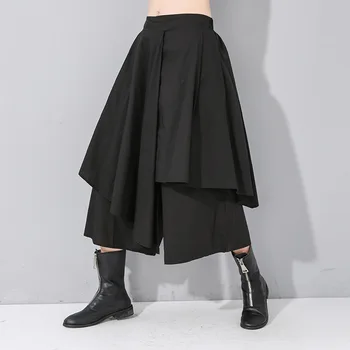 

Johnature 2020 Spring Fashion Ankle-length Wide Leg Pants Women New Solid Color Loose Elastic Waist Patchwork Irregular Pants