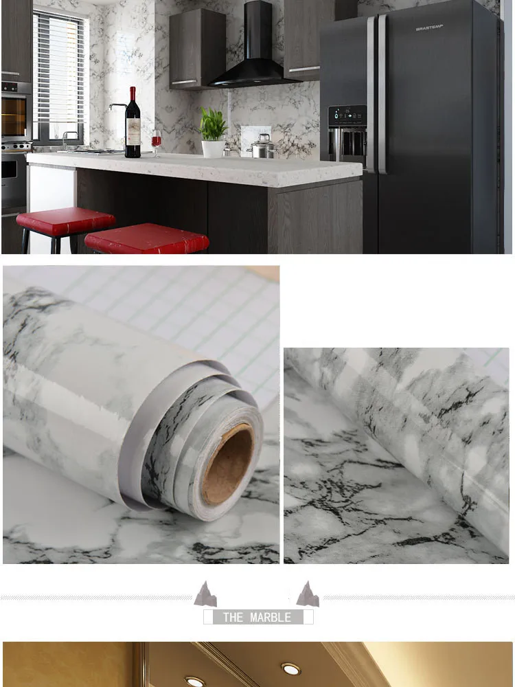 Thickened waterproof self-adhesive wallpaper marble sticker oil proof high temperature resistant kitchen furniture decoration