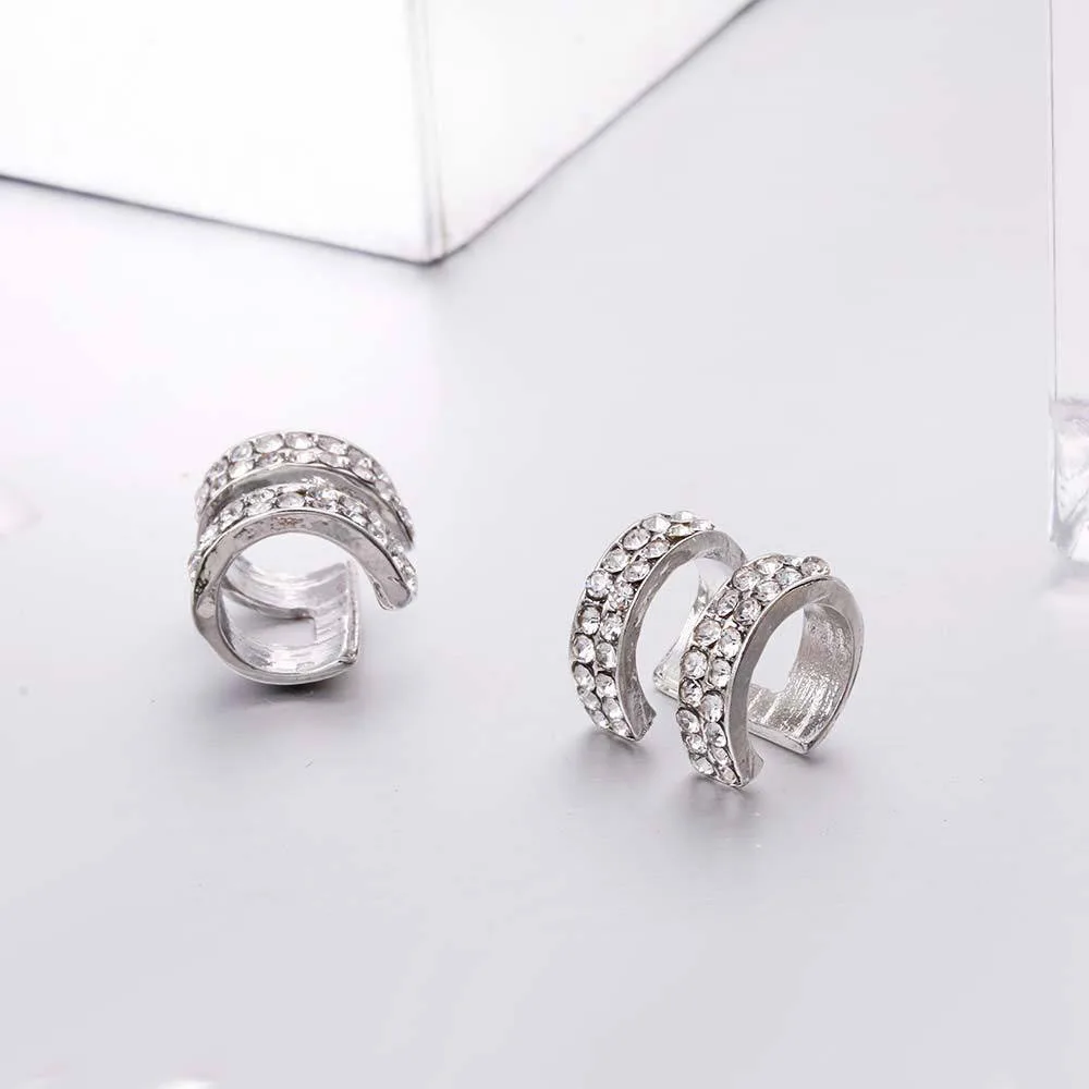 Trendy Crystal Earrings for Women Small Round Ear Cuff Gold and Silver Plated 2 Rows Rhinestone Clip Earrings Without Piercing