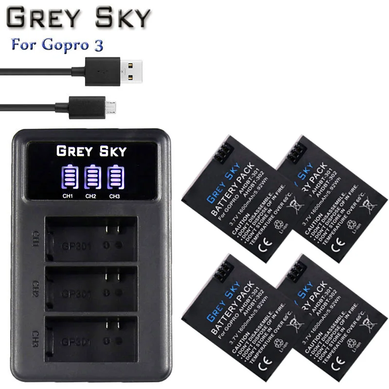 charger and 4battery Bateria Gopro hero 3 hero 3 3+ батарея+ светодиодный 3-слоты USB зарядное устройство для GoPro hero 3 черный/серебристый/белый аксессуары для экшн-камеры - Цвет: charger and 4battery