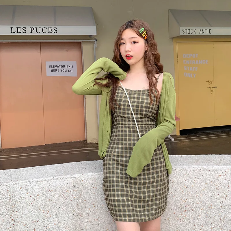 

Photo Shoot 2019 WOMEN'S Dress Summer Korean-style Avocado Green Retro Plaid Strapped Dress + Long Sleeve Thin Sweater