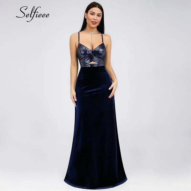 New Arrival Elegant Women Dress Long Sleeveless Sequined V-Neck Spaghetti Strap Elegant Maxi Summer Party Dress Robe Femme - Цвет: Navy Blue