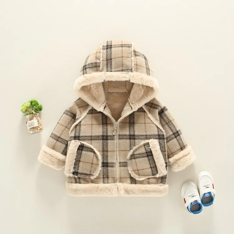 Winter Girls Hooded Clothes Plus Velvet Thick Korean Baby Thick Fur Collar Plaid Warm Jacket Baby Boy Jacket