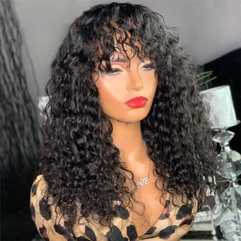 

Brazilian Water Wave Wigs With Bangs Full Machine Made Wigs For Women 10-28inch Natural Color Remy Human Hair Wig With Bangs