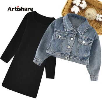 

Girls Clothes Sequin Denim Jacket + Dress Girls Clothing Big Bow Girls Clothes Set 2020 Autumn Kid Clothes