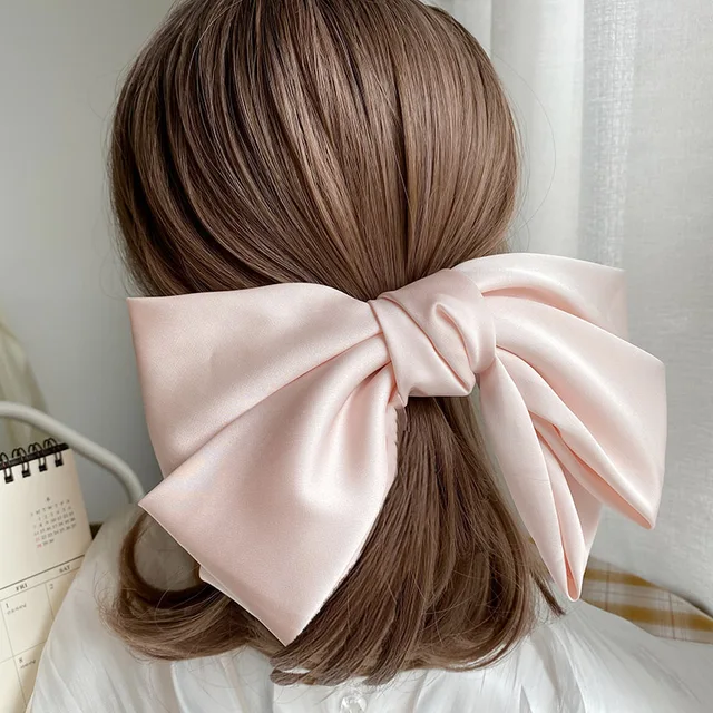 High Quatity Solid Color Big Bow Hairpins For Girl Popular Hair Clip For Women Sweet Two-layer Satin Hairgrip Hair Accessories light pink