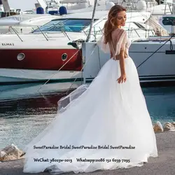 Белое Кружевное длинное свадебное платье с кружевной аппликацией и коротким рукавом Иллюзия сзади ТРАПЕЦИЕВИДНОЕ свадебное платье Vestido De