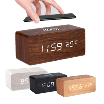 

New LED Digital Alarm Clock Mobile Phone Wireless Charging Wood Clock Radio Electronic Thermometer Home Decoration