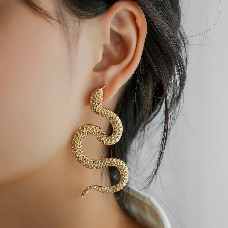 Snake Earrings Punk Fashion Jewelry Animal Crazy-Twisted Metal Gold-Color Long Womens