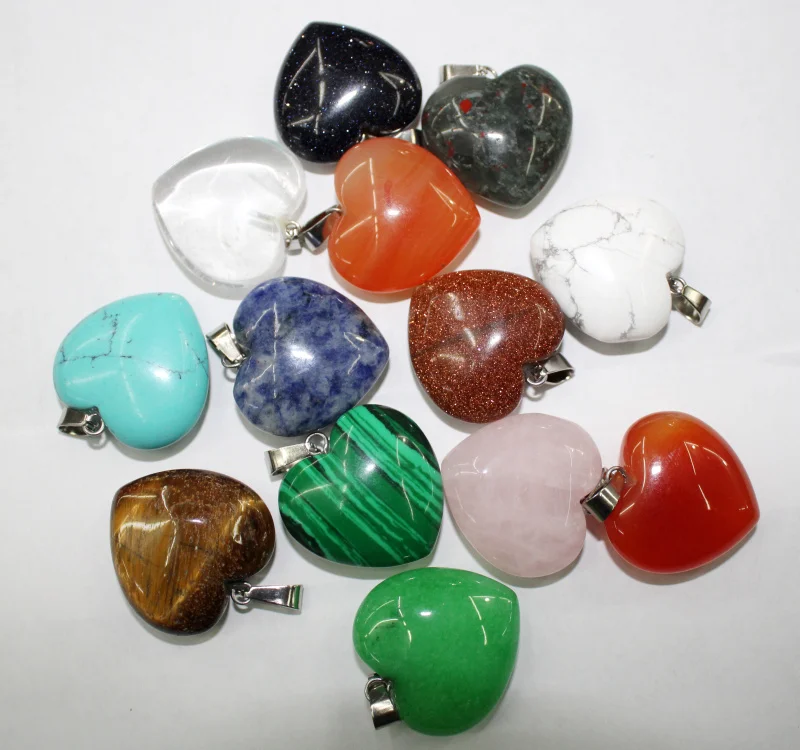 wholesale natural stone Quartz crystal agates mixed charms 25mm heart pendants for diy jewelry making necklace 12pcs/lot | Украшения и