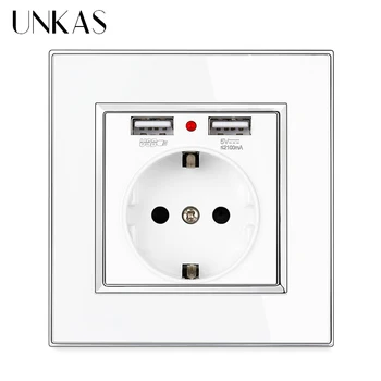 

UNKAS Luxury Mirror Acrylic Panel Dual USB Charging Port 2.1A Gray EU Wall Socket 16A Russia Spain Grey LED Indicator Outlet