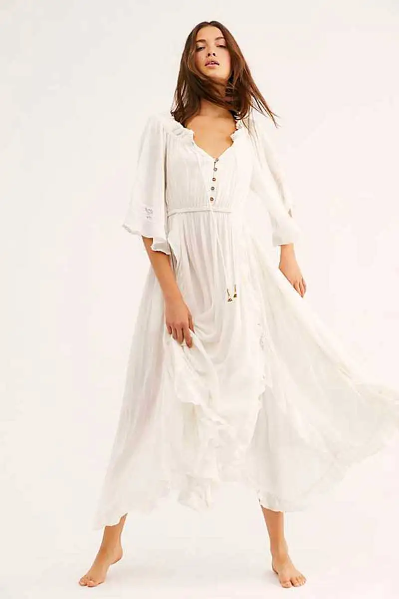 Богемный Вдохновленный Пляжное Платье макси с v-образным вырезом и рюшами Белое Женское платье асимметричное летнее платье повседневное праздничное платье бохо