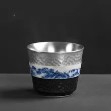 Серебряная чашка с лайнером, одна чашка, Большая керамическая чашка ручной работы для кунг-фу, серебро 999, маленькая чайная чашка