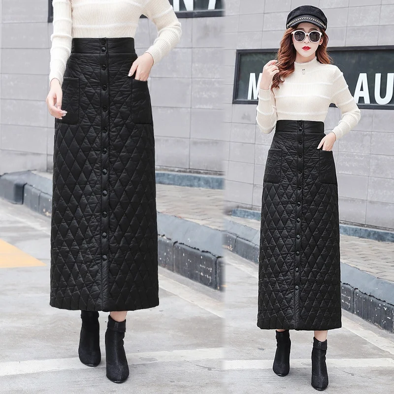 Женские зимние юбки размера плюс 3XL, на пуговицах спереди, с высокой талией, теплые, до середины икры, зимние, хлопковые, зимние, длинная юбка